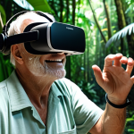 **

A senior man smiling while using VR for rehabilitation after a stroke. He is in a simulated tropical rainforest environment. Focus on his positive emotion and the immersive VR experience.

**