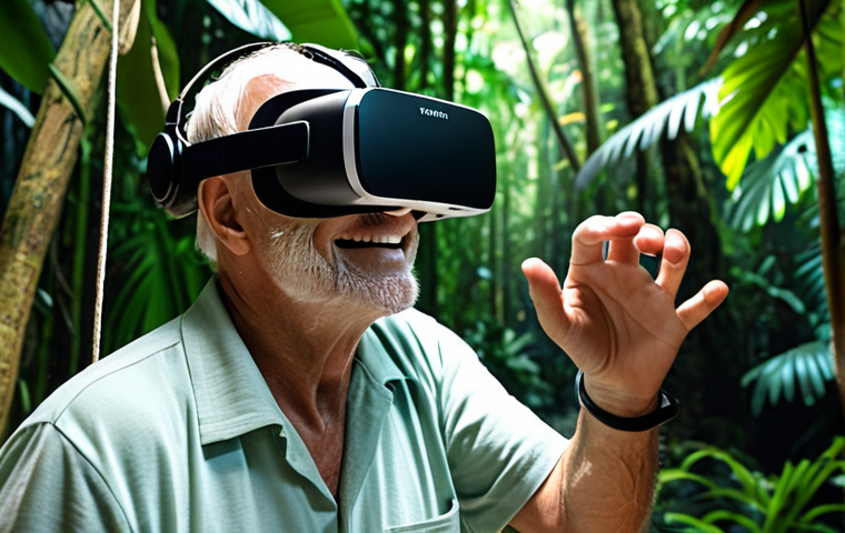 **

A senior man smiling while using VR for rehabilitation after a stroke. He is in a simulated tropical rainforest environment. Focus on his positive emotion and the immersive VR experience.

**
