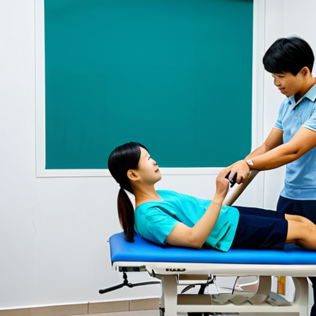 **Prompt:** A Vietnamese physical therapist supervising a patient using VR rehabilitation equipment, fully clothed, in a modern physiotherapy clinic setting, appropriate content, safe for work, perfect anatomy, natural pose, professional, high quality. The clinic has posters in Vietnamese about rehabilitation.