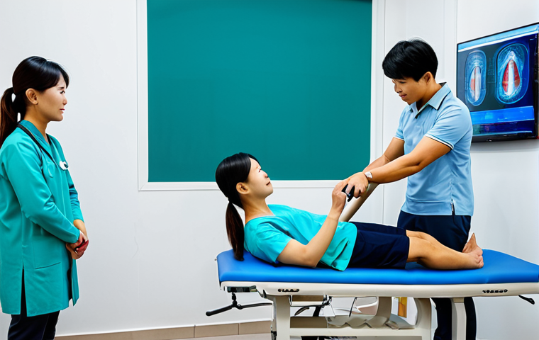 **Prompt:** A Vietnamese physical therapist supervising a patient using VR rehabilitation equipment, fully clothed, in a modern physiotherapy clinic setting, appropriate content, safe for work, perfect anatomy, natural pose, professional, high quality. The clinic has posters in Vietnamese about rehabilitation.