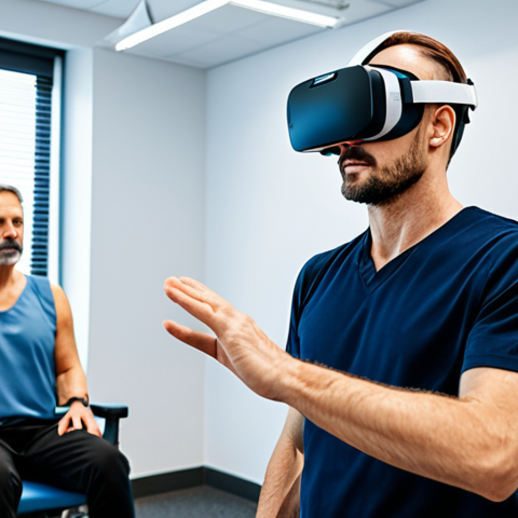 A patient in a physical therapy clinic, fully clothed, wearing a VR headset and participating in a virtual reality exercise for stroke rehabilitation. Modern medical equipment visible in the background. Safe for work, professional setting, appropriate content, perfect anatomy, natural pose, professional photography.