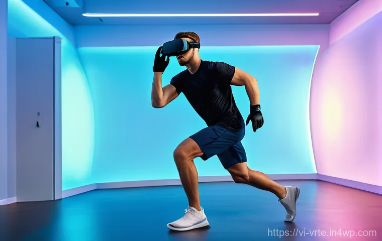 가상현실 재활치료와 정서적 지원 - A young male athlete, approximately 20-25 years old, with a lean and athletic build, is intensely fo...