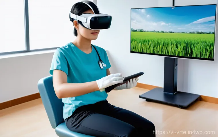 가상현실 재활치료의 안전성 - **Prompt:** A young Vietnamese patient, around 20-30 years old, with short black hair, wearing comfo...