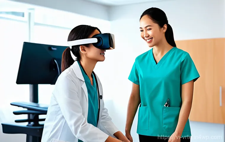 가상현실 재활치료의 안전성 - **Prompt:** A young Vietnamese patient, around 20-30 years old, with short black hair, wearing comfo...