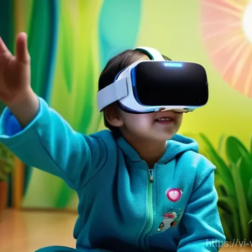 VR 재활치료의 배경 지식 - **Prompt:** A young Vietnamese patient, approximately 10 years old, with a bright and joyful express...