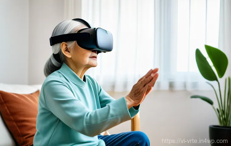 VR 재활치료의 배경 지식 - **Prompt:** A serene adult patient, comfortably seated in a modern home setting, is deeply engrossed...