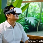 Home 21 VR을 활용한 통증 관리 기술 - A middle-aged Vietnamese man wearing comfortable casual clothes and a VR headset, immersed in a sere...