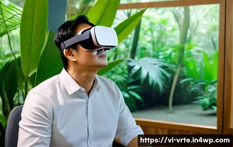 VR을 활용한 통증 관리 기술 - A middle-aged Vietnamese man wearing comfortable casual clothes and a VR headset, immersed in a sere...