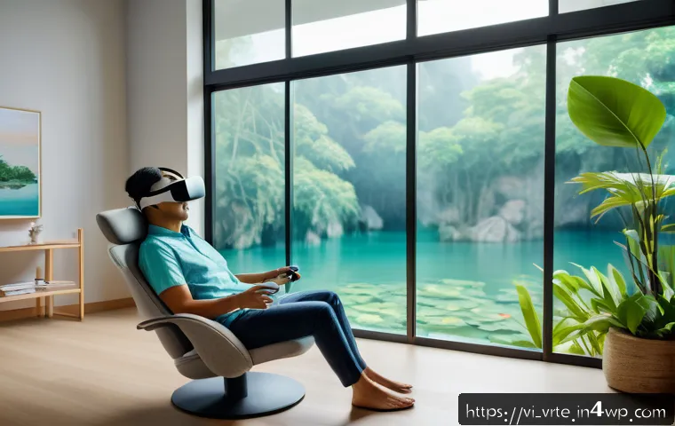 가상현실 재활치료의 심리적 통합 - A serene virtual reality therapy room designed for mental health support in Vietnam, featuring gentl...