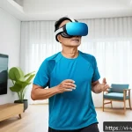 Home 18 가상현실 재활치료의 원격 치료 가능성 - A middle-aged Vietnamese patient wearing comfortable athletic clothing and VR headset, performing pe...