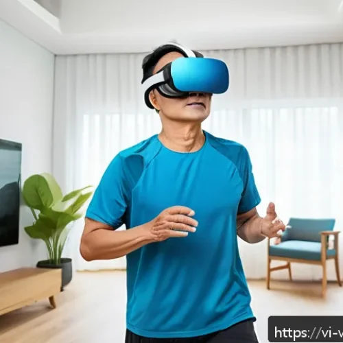 Home 30 가상현실 재활치료의 원격 치료 가능성 - A middle-aged Vietnamese patient wearing comfortable athletic clothing and VR headset, performing pe...