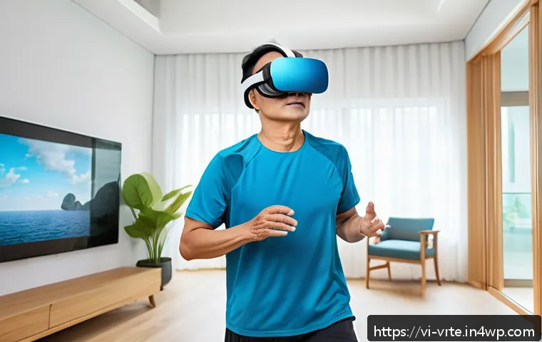 가상현실 재활치료의 원격 치료 가능성 - A middle-aged Vietnamese patient wearing comfortable athletic clothing and VR headset, performing pe...