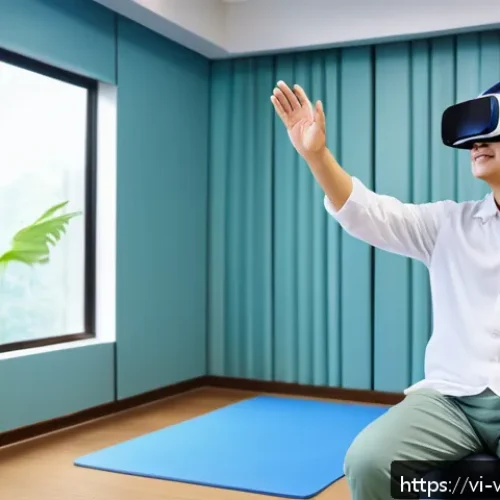 Home 17 VR 재활치료의 평가 기준 - A modern Vietnamese rehabilitation clinic room with a middle-aged patient wearing casual clothes and...