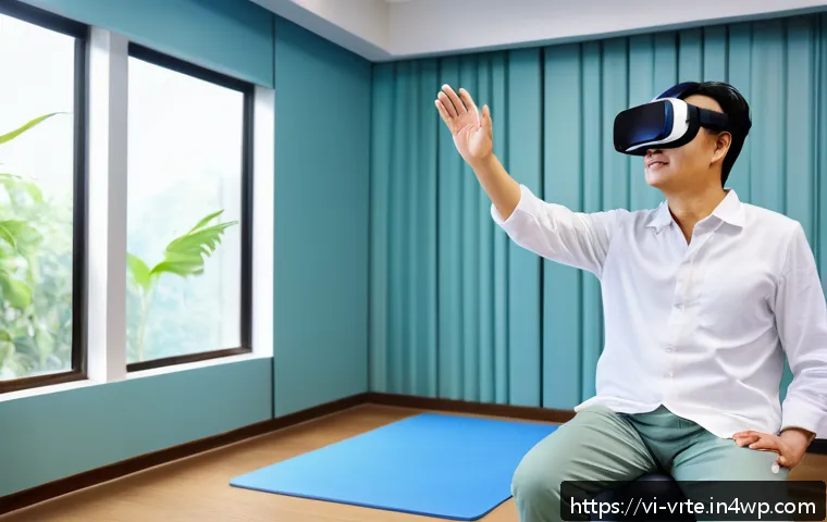 VR 재활치료의 평가 기준 - A modern Vietnamese rehabilitation clinic room with a middle-aged patient wearing casual clothes and...