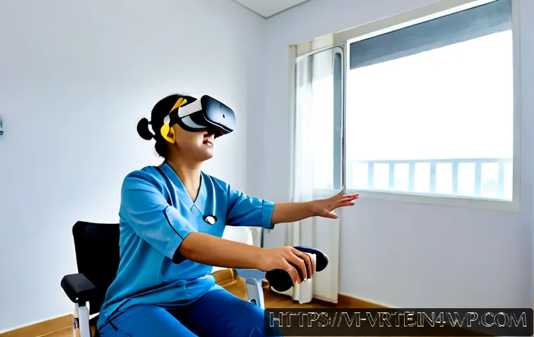 VR 재활치료의 적응 과정 - Photorealistic Vietnamese adult patient beginning virtual reality rehabilitation in a modern, welcom...